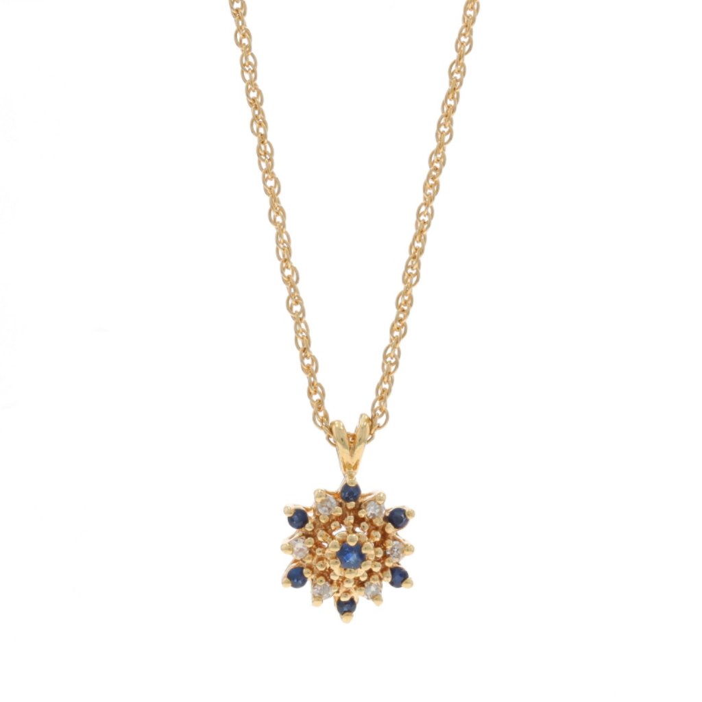 Yellow Gold Sapphire Diamond Cluster Pendant Necklace 20" 14k Rd.20ctw Snowflake